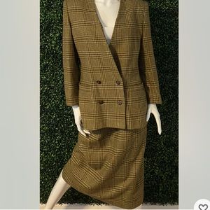 Le Suit Brown Plaid Skirt Suit Size 12 Double Breasted Blazer Set
